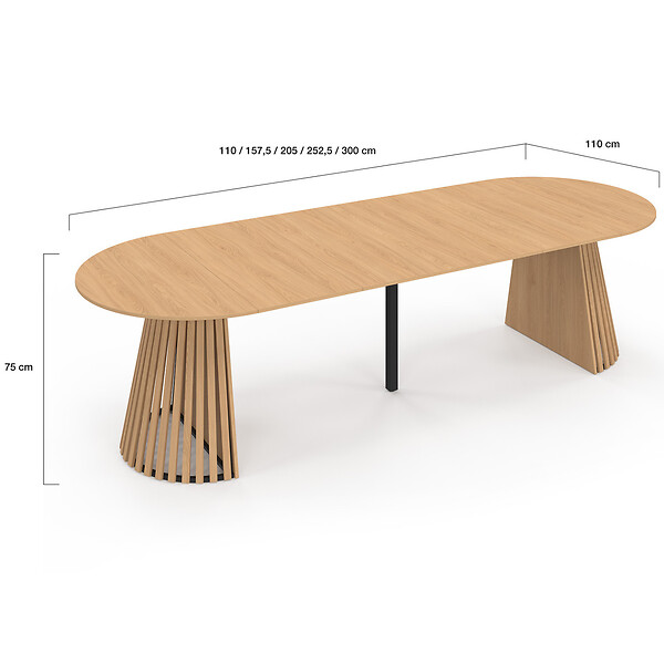 ID MARKET - Table à manger extensible ronde CARMEN 4-12  personnes pied bois en lattes et plateau bois 110-300 cm - large