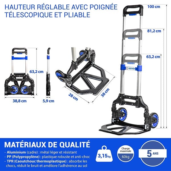HOSTRÃ–M - HOSTRÖM Diable Pliant en Aluminium, 2 Roues Diable Pliable Déménagement et Transport de matériau, Compact, léger, Charge Max. 60kg, Garantie 5 Ans. - large