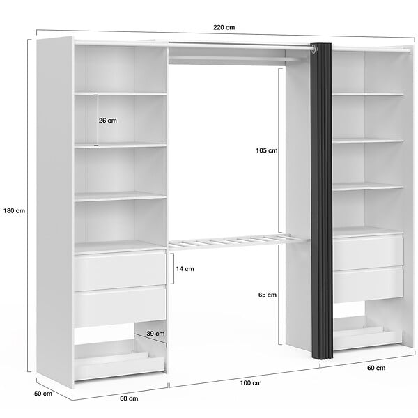 ID MARKET - Dressing double XXL MERYL 220 cm avec porte pantalons + étagères + tiroirs + rangements à chaussures blanc et gris - large