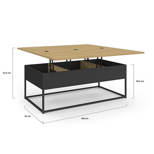 ID MARKET - Table basse plateau relevable rectangulaire convertible en table à manger BOSTON 100 cm design industriel - large
