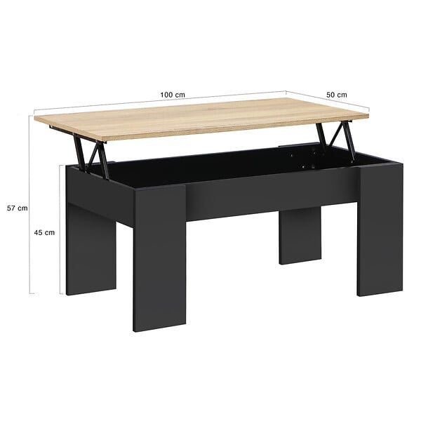 ID MARKET - Table basse plateau relevable rectangulaire TARA bois noir et imitation hêtre - large