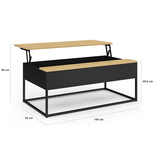 ID MARKET - Table basse plateau relevable rectangulaire BOSTON 100 cm noir plateau bois design industriel - large