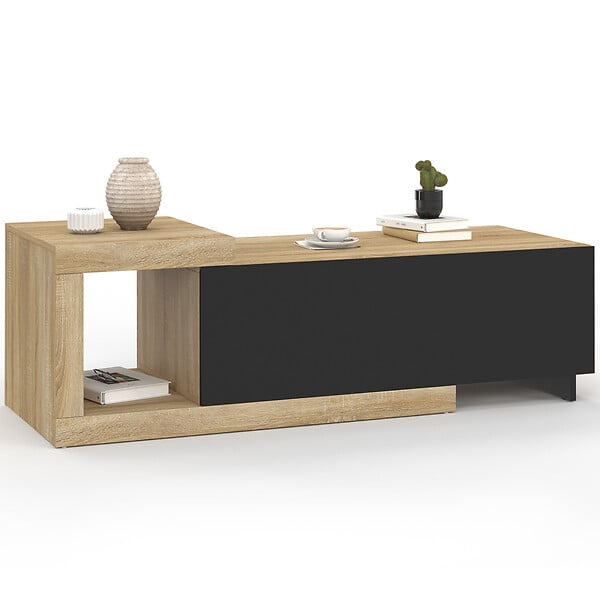 ID MARKET - Table basse extensible rectangulaire RAPHAEL 100-130 cm 1 porte bois et noir - large