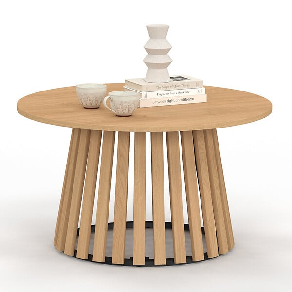 ID MARKET - Table basse ronde CARMEN 70 cm pied bois en lattes et plateau bois - large
