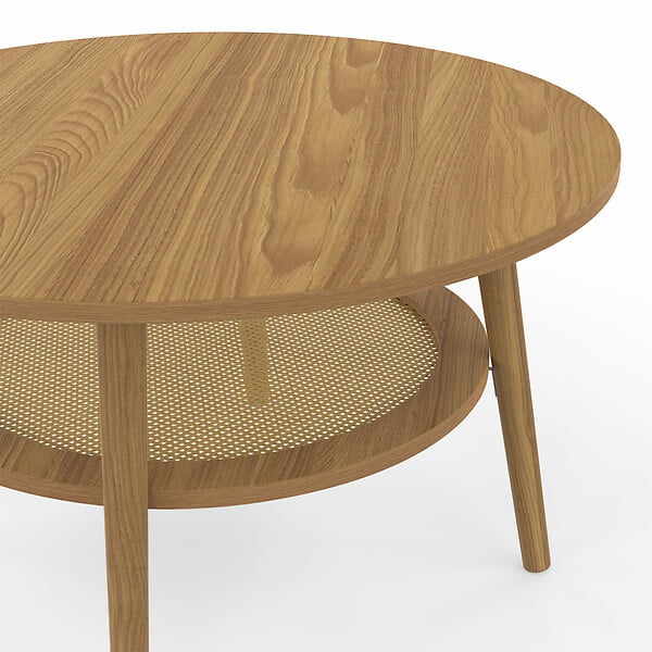 ID MARKET - Table basse ronde HANAE 70 cm bois façon hêtre et plateau effet naturel cannage - large