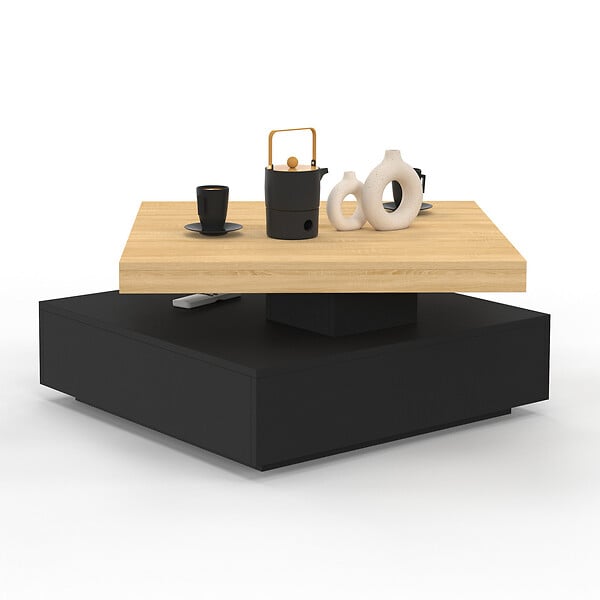 ID MARKET - Table basse carrée pivotante THEA 70 cm bois et noir - large