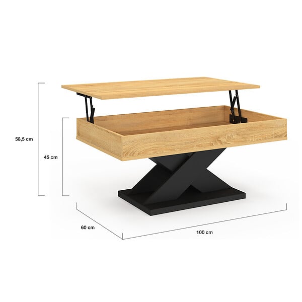 ID MARKET - Table basse rectangulaire plateau relevable ALICIA bois et pied noir - large