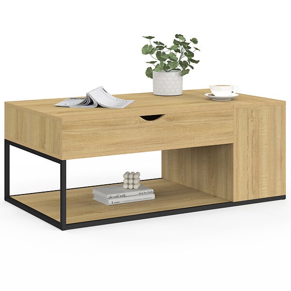 ID MARKET - Table basse plateau relevable rectangulaire DETROIT avec coffre design industriel - large