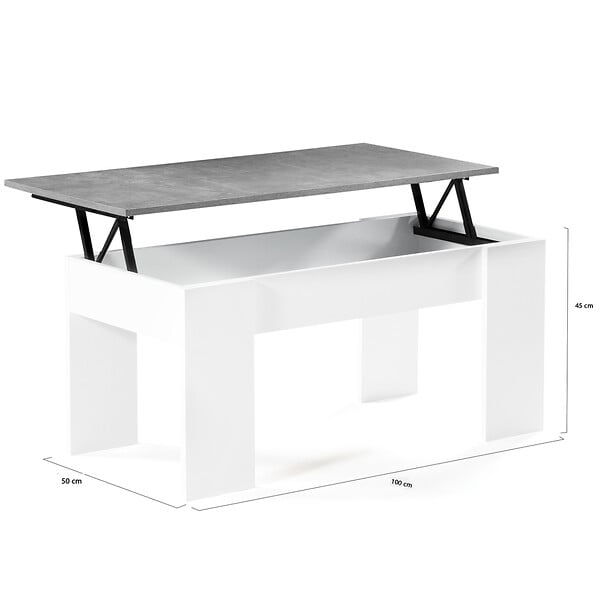 ID MARKET - Table basse plateau relevable rectangulaire TARA bois blanc et effet béton - large