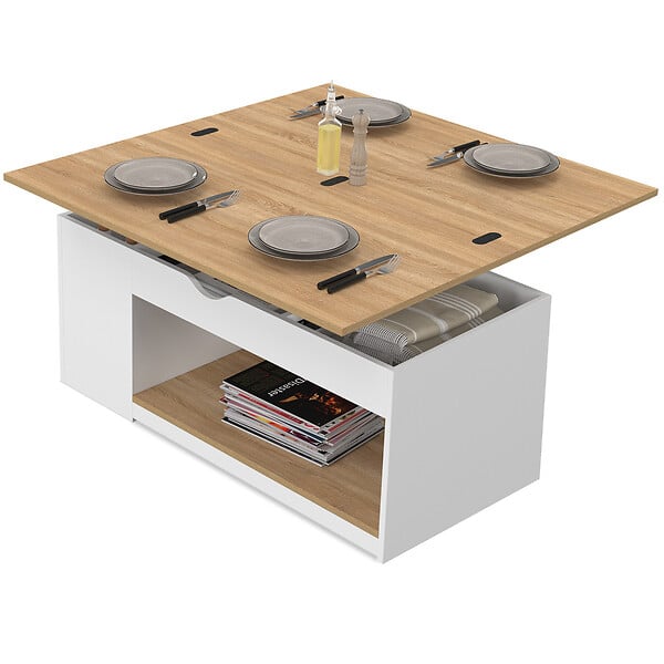 ID MARKET - Table basse plateau relevable rectangulaire convertible en table à manger ELEA 100 cm bois blanc et façon hêtre - large