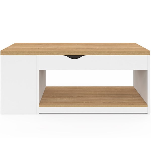 ID MARKET - Table basse plateau relevable rectangulaire convertible en table à manger ELEA 100 cm bois blanc et façon hêtre - large