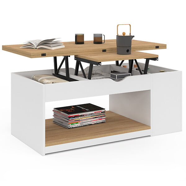 ID MARKET - Table basse plateau relevable rectangulaire convertible en table à manger ELEA 100 cm bois blanc et façon hêtre - large
