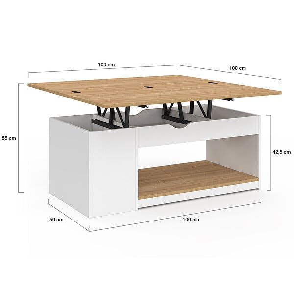 ID MARKET - Table basse plateau relevable rectangulaire convertible en table à manger ELEA 100 cm bois blanc et façon hêtre - large