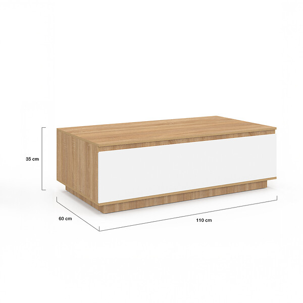 ID MARKET - Table basse TOMI 110 cm avec porte façon hêtre et blanc - large