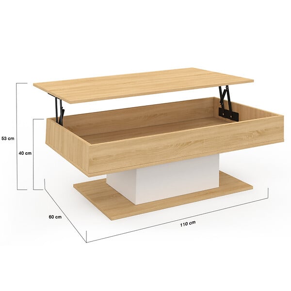ID MARKET - Table basse plateau relevable rectangulaire EDEN bois et blanc - large
