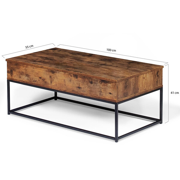 ID MARKET - Table basse plateau relevable rectangulaire DAYTON effet vieilli design industriel - large