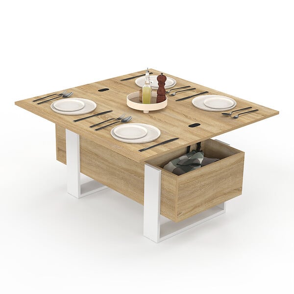 ID MARKET - Table basse plateau relevable rectangulaire convertible en table à manger PHOENIX 97,5 cm bois et blanc - large