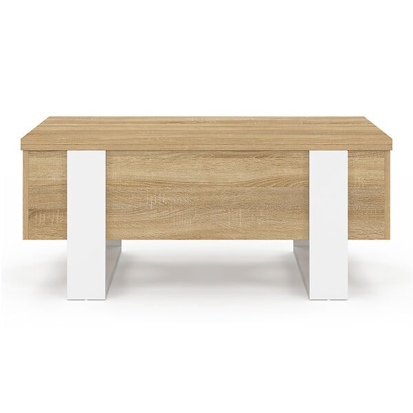 ID MARKET - Table basse plateau relevable rectangulaire convertible en table à manger PHOENIX 97,5 cm bois et blanc - large