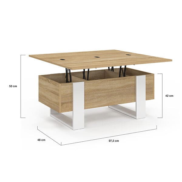ID MARKET - Table basse plateau relevable rectangulaire convertible en table à manger PHOENIX 97,5 cm bois et blanc - large