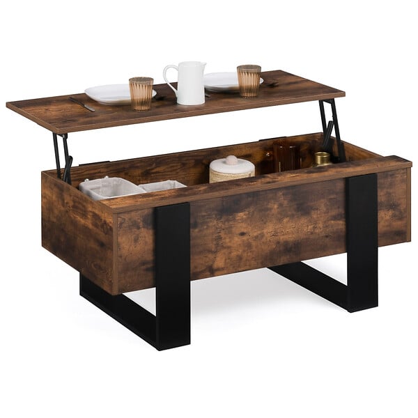 ID MARKET - Table basse plateau relevable rectangulaire PHOENIX bois effet vieilli et noir - large