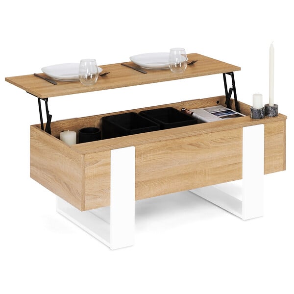 ID MARKET - Table basse plateau relevable rectangulaire PHOENIX bois et blanc - large