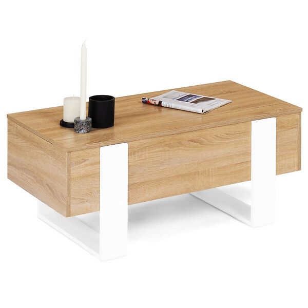 ID MARKET - Table basse plateau relevable rectangulaire PHOENIX bois et blanc - large