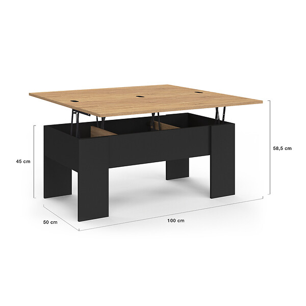 ID MARKET - Table basse plateau relevable rectangulaire convertible en table à manger TARA 100 cm bois noir et imitation hêtre - large