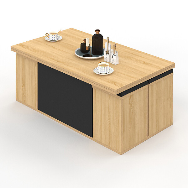 ID MARKET - Table basse plateau relevable rectangulaire convertible en table à manger EDEN 100 cm bois et noir avec poufs - large