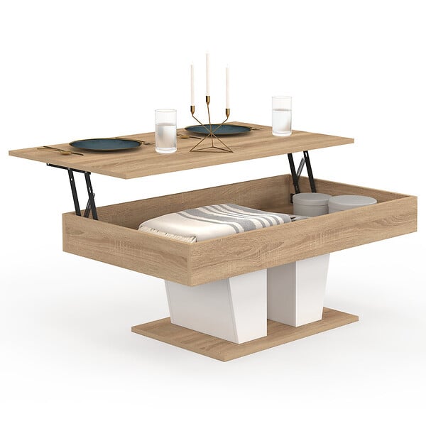 ID MARKET - Table basse plateau relevable rectangulaire ELIAD bois et blanc - large