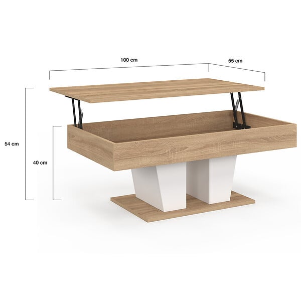 ID MARKET - Table basse plateau relevable rectangulaire ELIAD bois et blanc - large