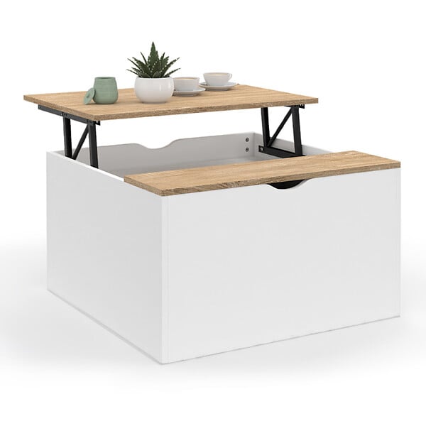ID MARKET - Table basse plateau relevable carrée ELEA avec coffre bois blanc et façon hêtre - large