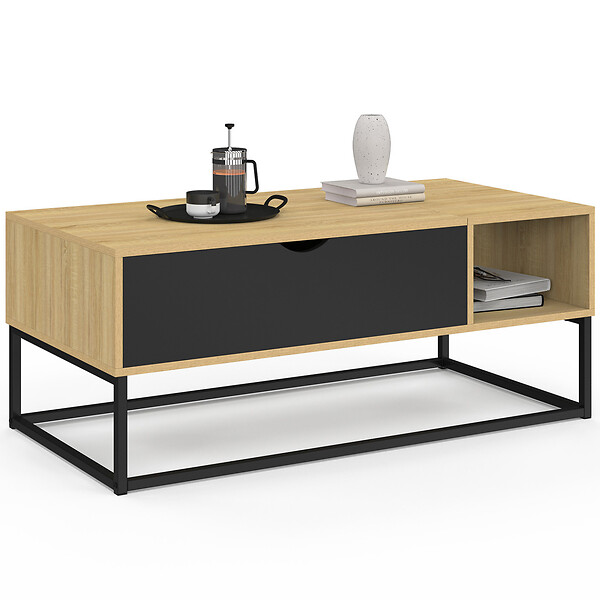 ID MARKET - Table basse plateau relevable BOSTON avec rangements design industriel - large