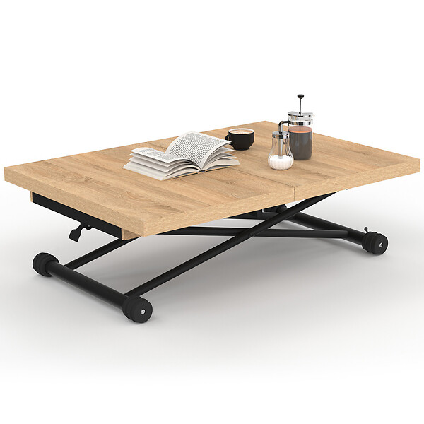 ID MARKET - Table basse extensible relevable en table à manger rectangulaire ALTURA 100-160 cm bois et noir design industriel - large
