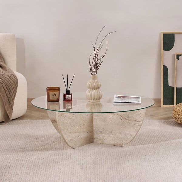 HABITAT ET JARDIN - Table basse en verre "Liya" 90 x 90 x 30 cm - Travertin - large