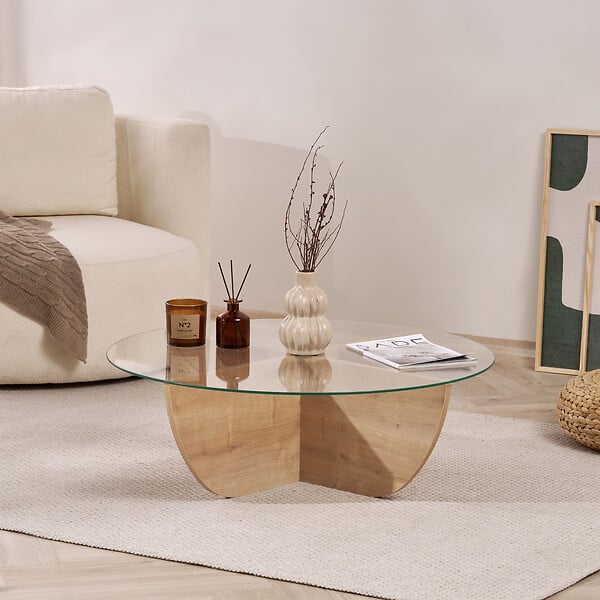 HABITAT ET JARDIN - Table basse en verre "Liya" 90 x 90 x 30 cm - Chêne saphir - large
