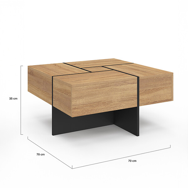 ID MARKET - Table basse carrée TALIA 70 cm avec tiroirs bois et noir - large