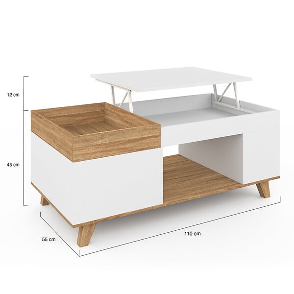 ID MARKET - Table basse rectangulaire plateau relevable et plateau amovible avec coffre LOLA bois et blanc - large