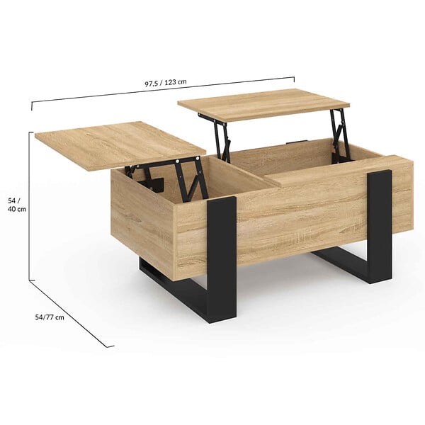 ID MARKET - Table basse 2 plateaux relevables PHOENIX bois et noir - large