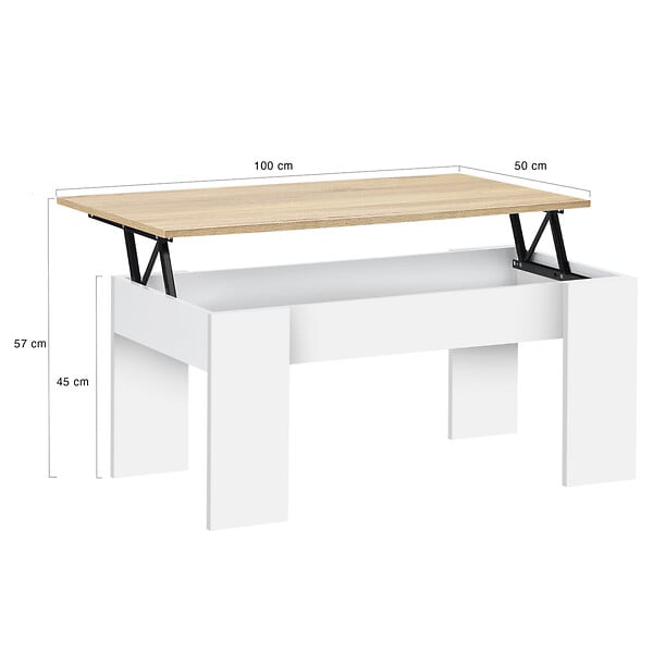 ID MARKET - Table basse plateau relevable rectangulaire TARA bois blanc et imitation hêtre - large