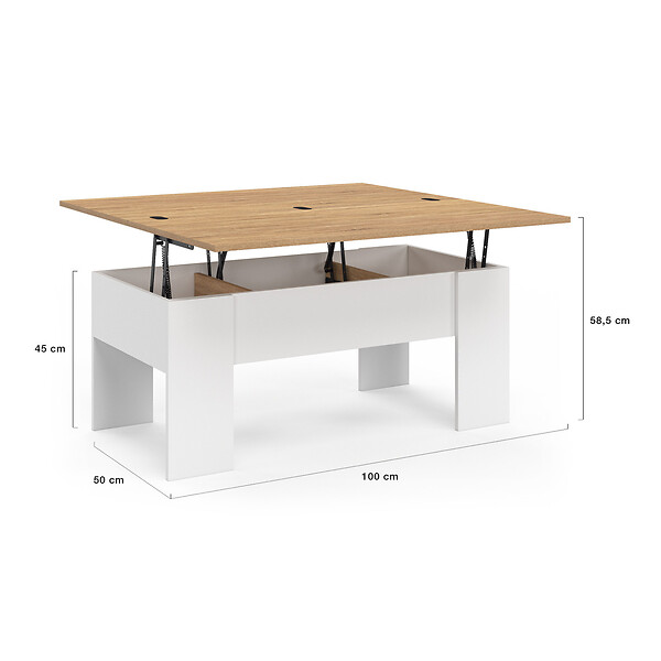 ID MARKET - Table basse rectangulaire plateau relevable convertible en table à manger TARA bois blanc et imitation hêtre - large