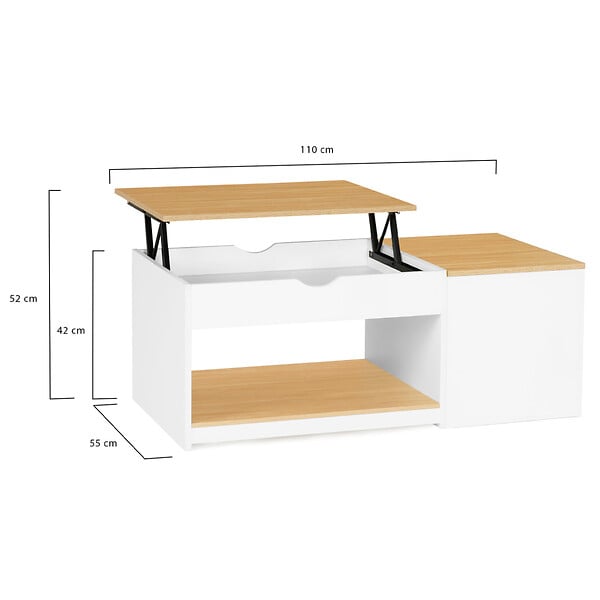 ID MARKET - Table basse 2 plateaux relevables ELEA avec coffre bois blanc et façon hêtre - large