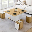 ID MARKET - Table basse plateau relevable rectangulaire convertible en table à manger EDEN 100 cm bois et blanc avec poufs - vignette