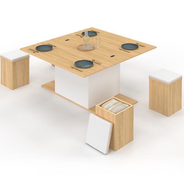 ID MARKET - Table basse plateau relevable rectangulaire convertible en table à manger EDEN 100 cm bois et blanc avec poufs - large