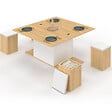 ID MARKET - Table basse plateau relevable rectangulaire convertible en table à manger EDEN 100 cm bois et blanc avec poufs - vignette