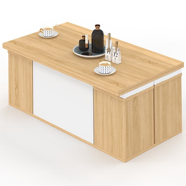 ID MARKET - Table basse plateau relevable rectangulaire convertible en table à manger EDEN 100 cm bois et blanc avec poufs - large