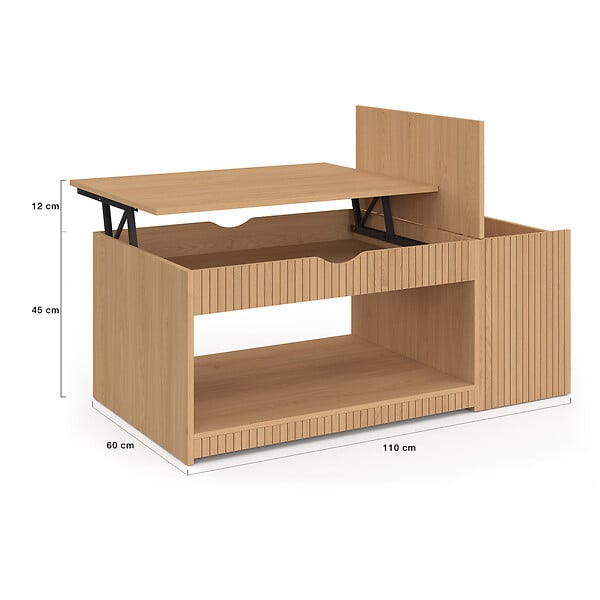 ID MARKET - Table basse plateau relevable rectangulaire JULIETTE avec coffre lattes tasseau bois coloris chêne - large