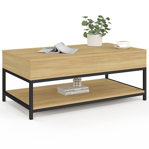 ID MARKET - Table basse plateau relevable rectangulaire DETROIT 100 cm et étagère inférieure design industriel - large