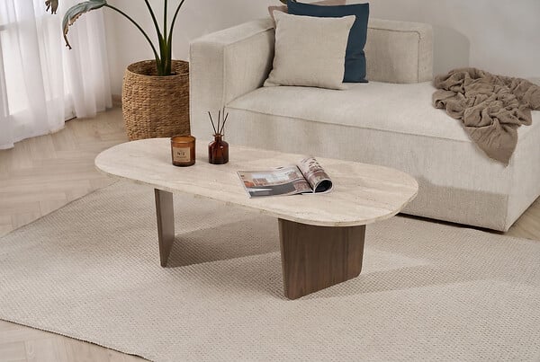 HABITAT ET JARDIN - Table Basse en bois "Ovalis" - 130 x 65 x 40 cm - Travertin / Noyer - large