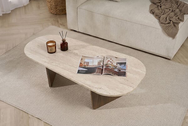 HABITAT ET JARDIN - Table Basse en bois "Ovalis" - 130 x 65 x 40 cm - Travertin / Noyer - large