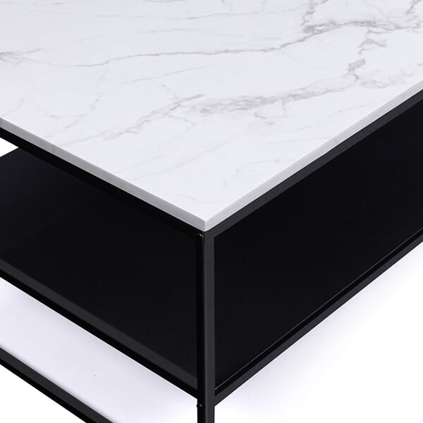 ID MARKET - Table basse ALASKA double plateau effet marbre et noir pieds métal - large